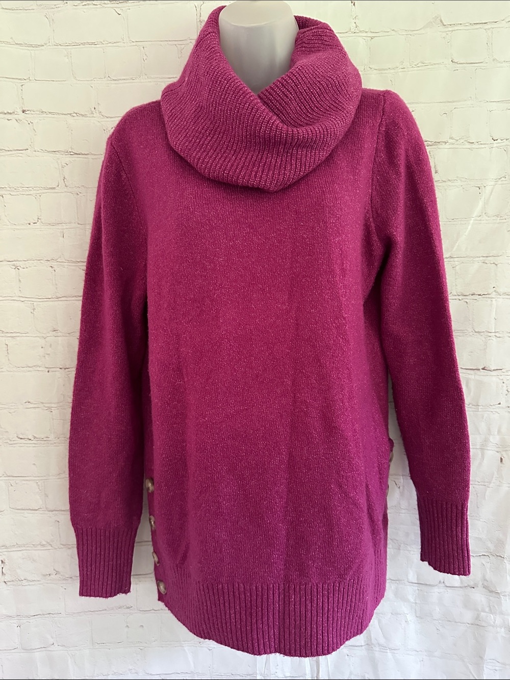 Loft Wool Blend Cozy Funnel Neck Sweater with Buttoned Side Vents M Raspberry